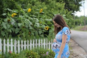 yellow flowers and blue dress